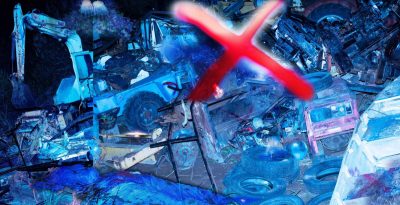 A blue-toned image of junked objects with a large red X over the image.