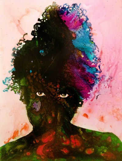 A silhouette of a woman whose eyes are left visible. Her curly hair turns multicolored hues. The background is pink.