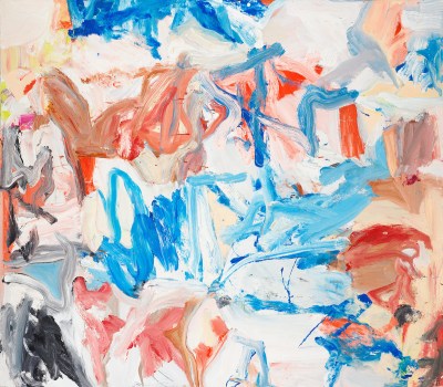 An abstract painting formed from smeary mixtures of blue, white, pink, and red strokes.