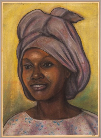 A painting of a smiling Black woman in a purple turban.