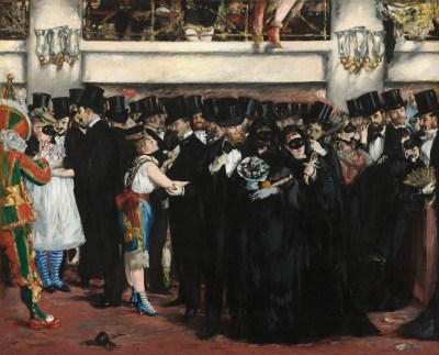 A painting of a group of men in top hats amid costumed people.
