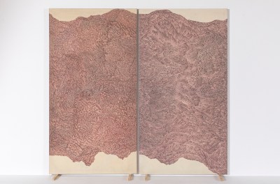 A two-panel artwork on wood stands with pink abstractions covering it.