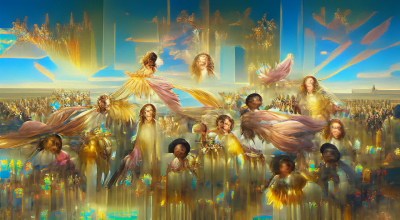 A hazy computer-generated image depicts golden figures in a blue field, like angels in heaven