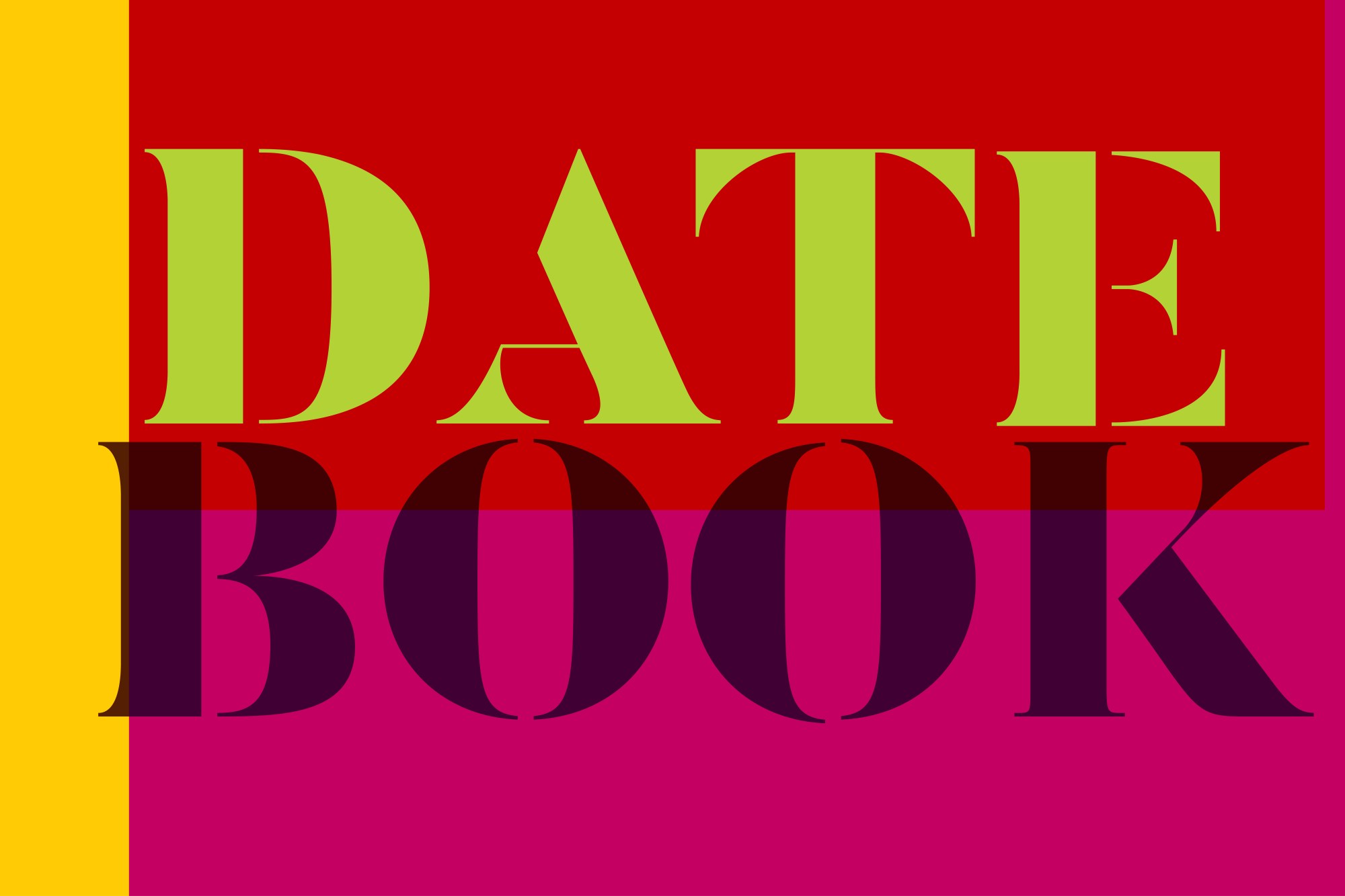 a bold red, pink, and yellow graphic with the words "date" and "book" stacked on top of each other