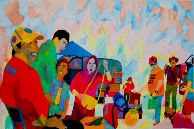 A watercolor showing various people shopping at a swap meet with an abstract background.