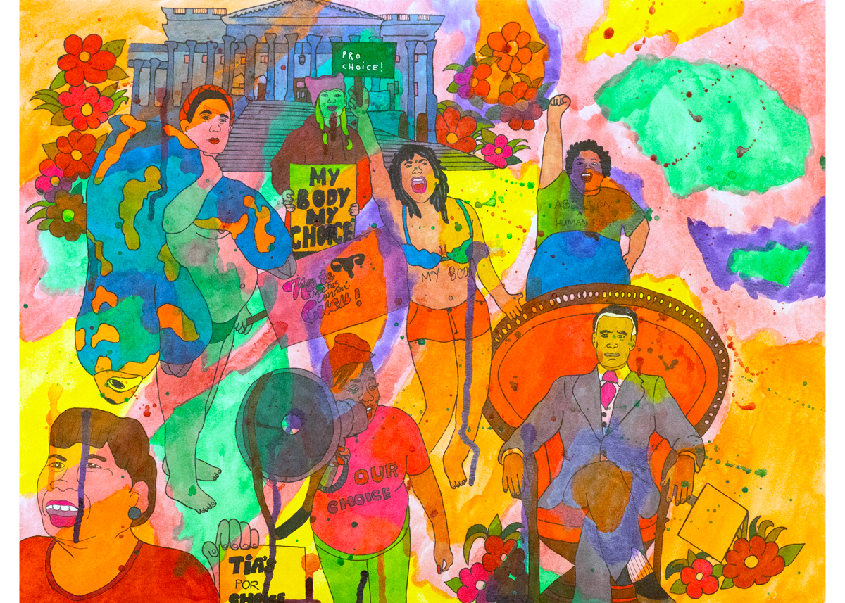 A watercolor showing various people protesting collaged together.