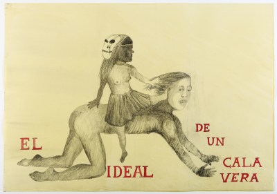A drawing of a nude female figure in a skirt with a mask bound to the back of her hair. Her face is missing. That figure sits on top of a bent-over female figure, whose hair the unmasked one pulls. Around these two figures is red text reading 'EL IDEAL DE UN CALAVERA.'