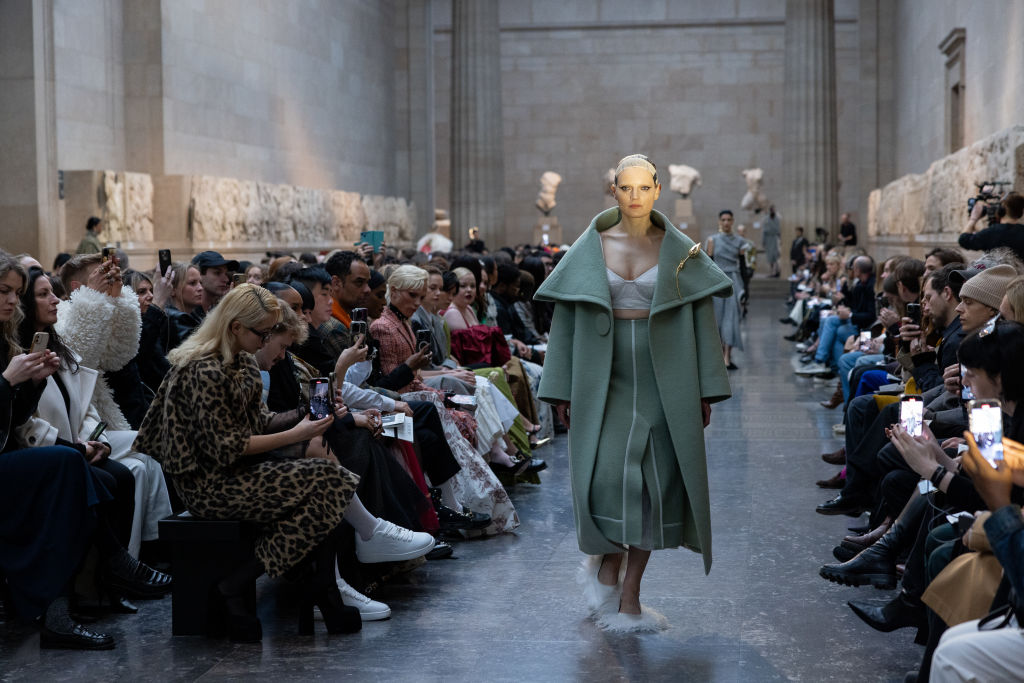 Model on the runway at Erdem RTW Fall 2024 as part of London Ready to Wear Fashion Week held at The British Museum on February 17, 2024 in London, England. (Photo by Adam Duke/WWD via Getty Images)