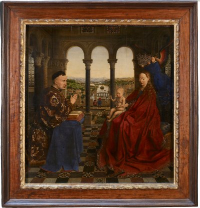 A painting showing a madonna and child being blessed by an angel.
