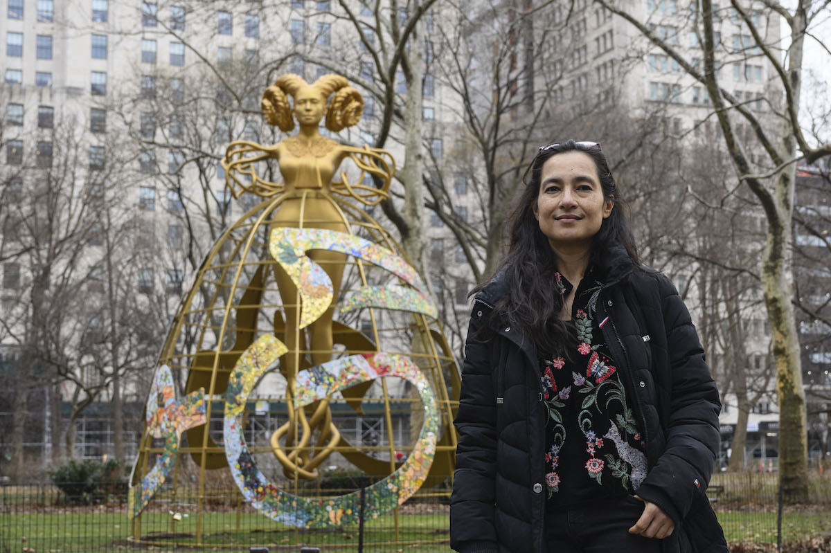 Shahzia Sikander in front of her sculpture Witness Madison Square Park, New York, February 7, 2023.