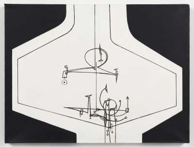 An abstract painting showing a white plane intersected by arrows and other forms scrawled in black.
