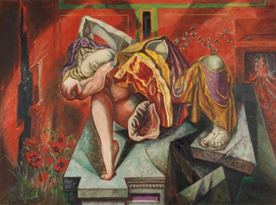 A painting of a reclining figure whose body is abstracted and contorted. The body rests with one bared food on a broken piece of stone in a setting that recalls a red crypt.
