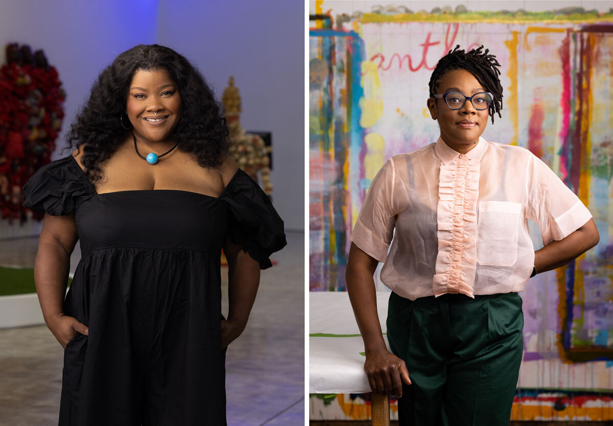 Two portraits of Black women. One shows a smiling woman wearing an elegant black dress and a necklace with a blue circular stone. The other shows a woman wearing glasses and a see-through pink shirt. She cocks one arm at the side and stands before a wall streaked with paint.