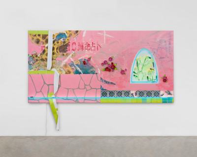 A predominantly pink painting of a graffitied wall with a sharp-toothed creature situated above lettering in both Chinese and English. A piece of the work hangs off it, and there are cacti crafted from green lights inset in it.
