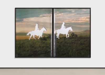 A diptych photograph showing a lush country landscape with the silhouettes of two mounted cowboys cut out.