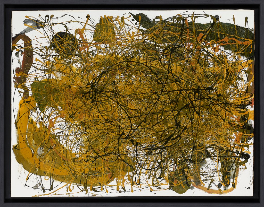 An abstract painting composed of mustard- and black-colored drizzles set against a white background.