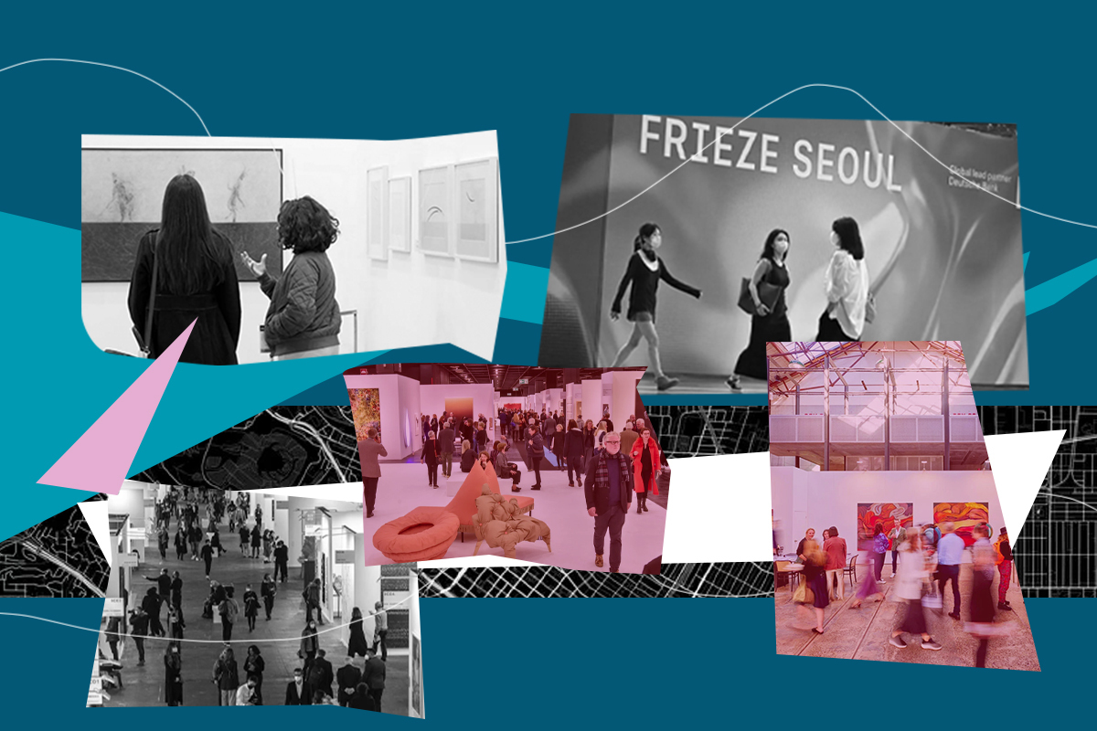 A composite image showing scenes from five different art fairs, as well as a map, all on a deep teal background.