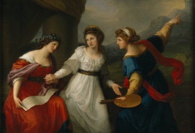 A painting of three white woman posed together. One holds a sheet of music while another holds a palette and points toward a temple in the distance. One in the middle clasps both of their hands.