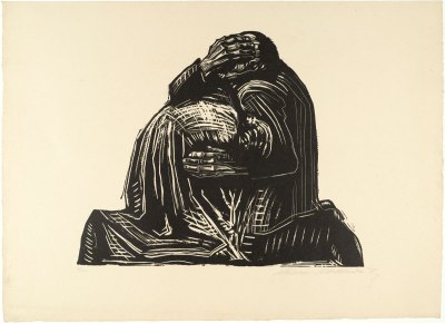 A woodcut print showing two figures holding each other in grief. It consists of black ink on yellowed paper.