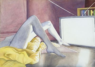 A drawing of two naked legs splayed out in front of a white TV screen.