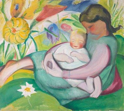 A painting of a girl holding a toddler beside flowers.