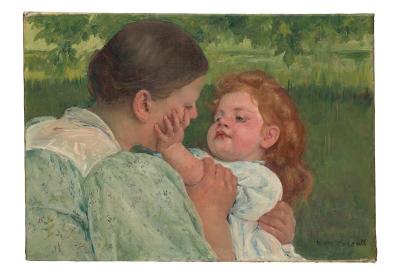 A painting of a white woman grasping a white girl's arm as she caresses her face.