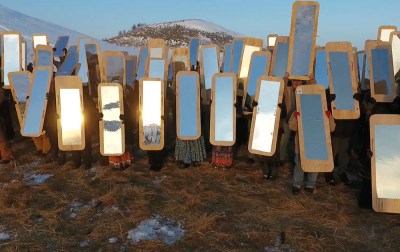 Cannupa Hanska Luger's Mirror Shield Project Concept, 2016, at Oceti Sakowin camp in Standing Rock, North Dakota.