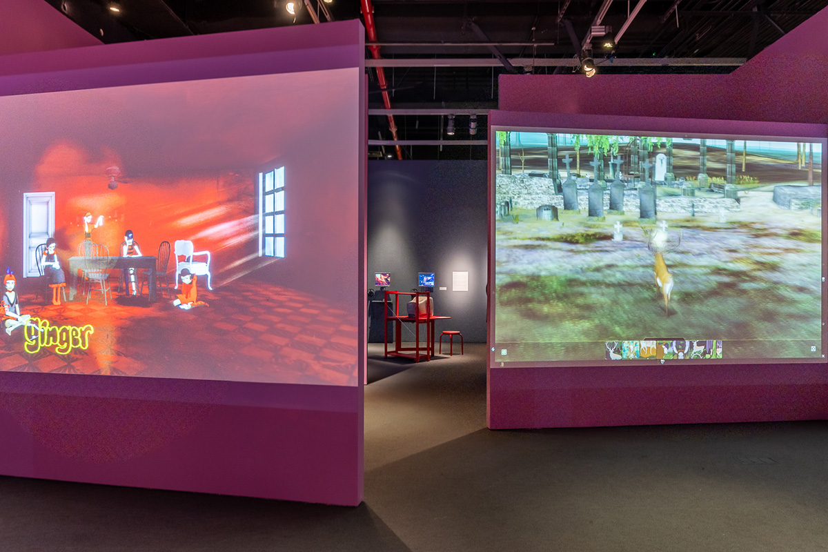 View of Auriea Harvey's exhibition "My Veins Are the Wires, My Body Is Your Keyboard" at the Museum of the Moving Image, 2024.