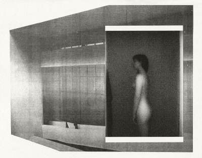 A grainy black and white picture of nude woman in profile is layered over an abstracted architectural photograph, as if the two were xeroxed together.