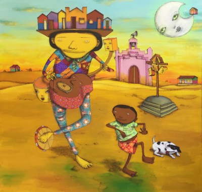 A painting of a person holding a guitar beside a Brown boy leaping ahead beside a dog with its tongue out. The arid landscape includes a church with a megaphone at its top and a gallows-like structure with books hanging from it. A moon above has a smiling face, and on its tip is a little house.