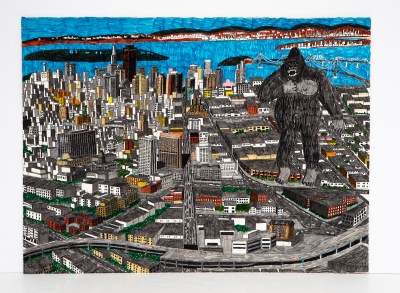 A painting of a large ape towering over New York City.