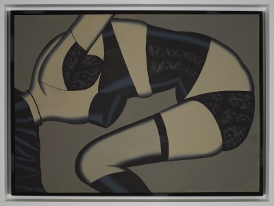 A painting of a crouched over female figure whose face extends beyond the work's frame. She wears lingerie, and her body appears to contort.