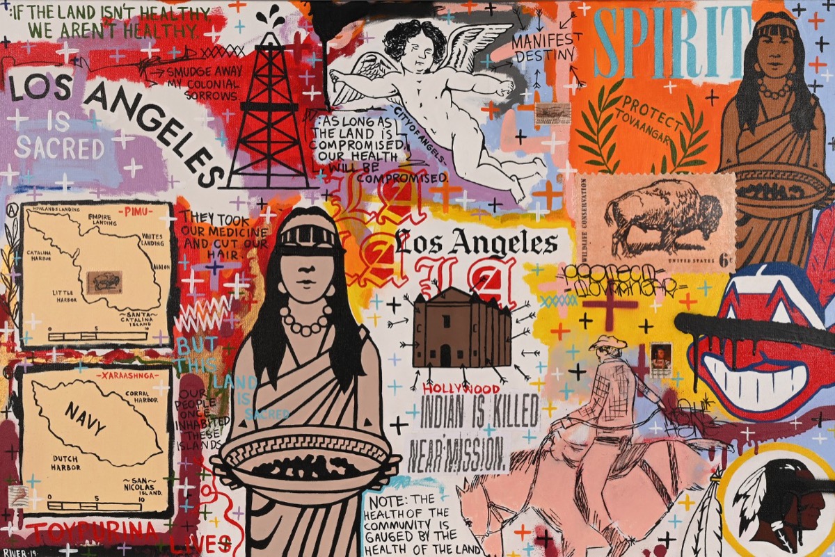 A collage painting showing various stereotypical depictions of Native Americans, cowboys, and the city of Los Angeles.