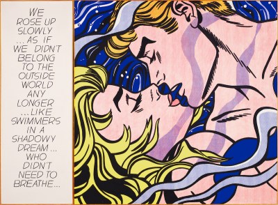 A painting of a white woman and a white man kissing before a pool of water that also appears to consume them. They are rendered comic book–style, with Ben Day dots left visible. Text beside that image reads 'WE ROSE UP SLOWLY ... AS IF WE DIDN'T BELONG TO THE OUTSIDE WORLD ANY LONGER ... LIKE SWIMMERS IN A SHADOWY DREAM ... WHO DIDN'T NEED TO BREATHE ...'