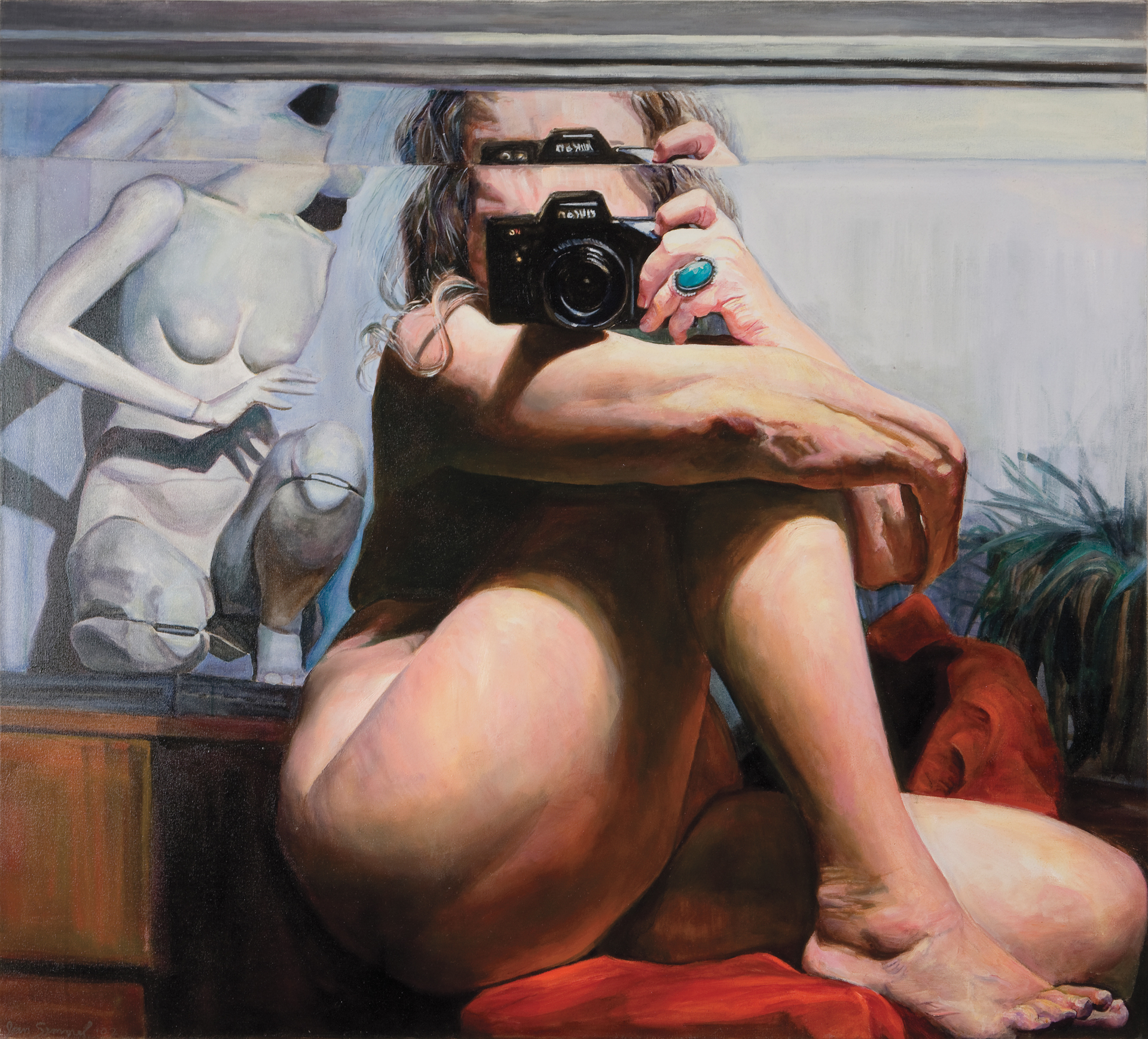 A painting of naked woman with long gray hair, who is taking a selfie in a mirror and squatting next to a mannequin.