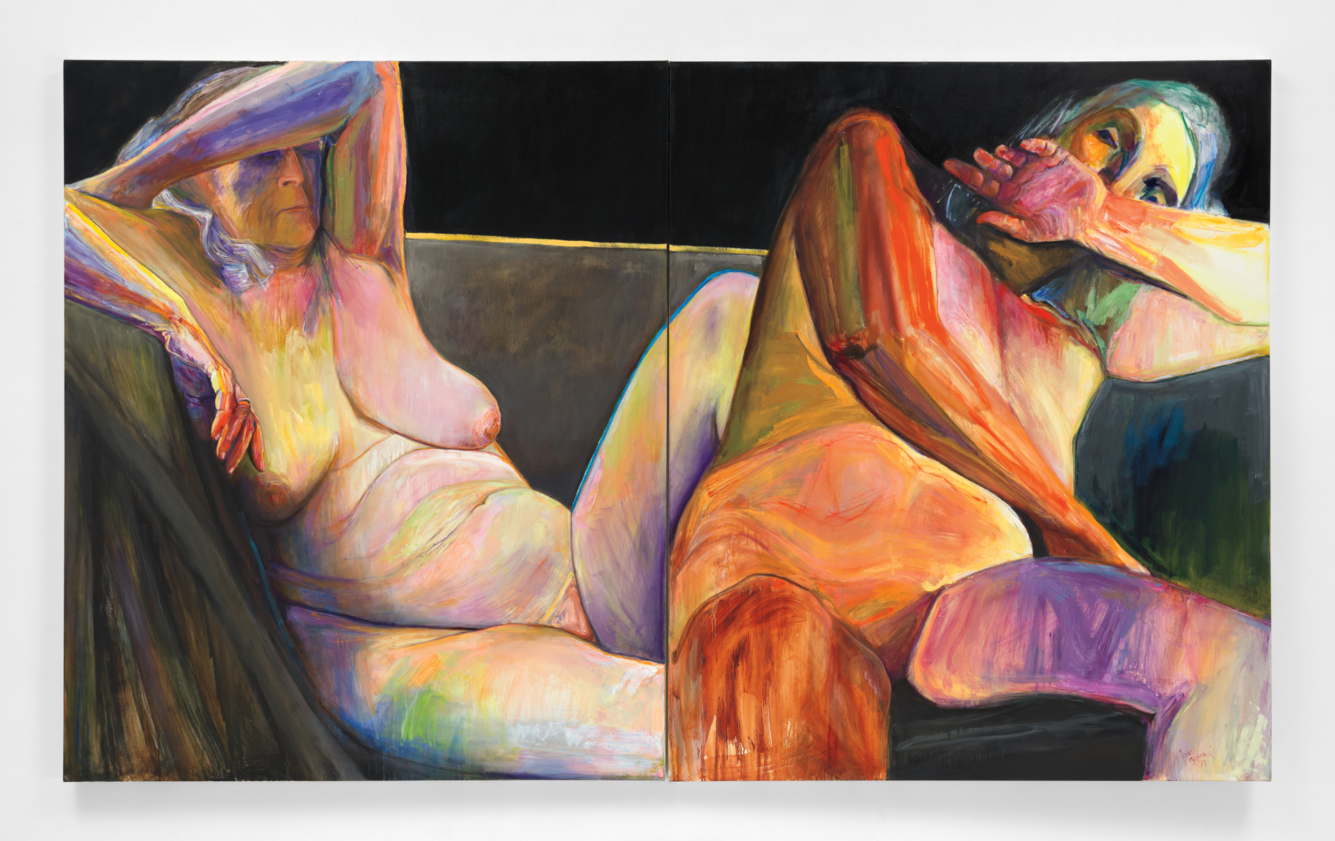 In a double self-portrait, two colorful older nude women sit on a couch. On the left, she reclines, and is rendered more realistically. On the right, she strikes a protective pose, with her arm covering her face, and is rendered more expressively.