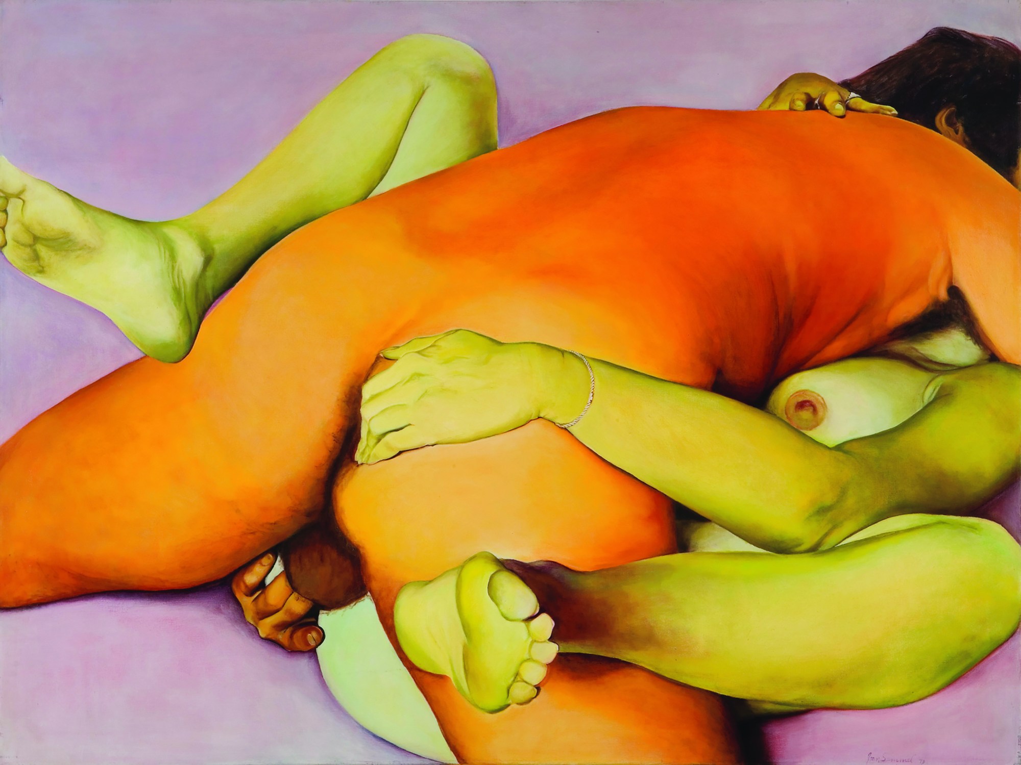 A tangerine-colored man lies on top of a chartreuse-tinted woman. They are grabbing each other's rears.