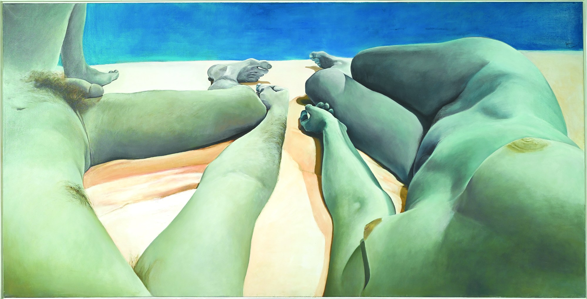 A man and a woman with greenish skin lie naked, side by side, seen from the neck down.