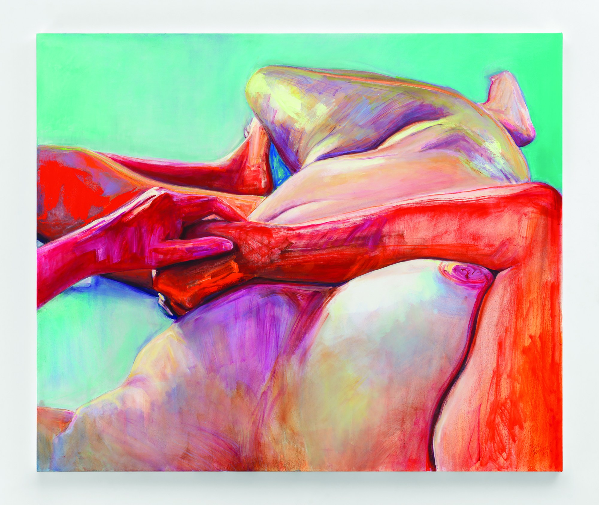 A colorful, expressive figure seem from the neck down, lying in a turqouise expanse.