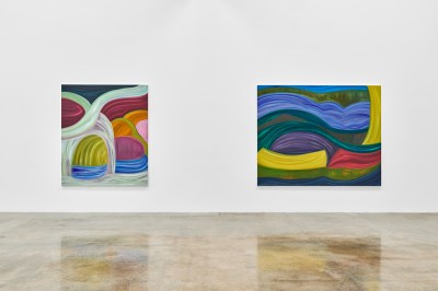 Installation view of two abstract paintings hanging on a wall with a reflective floor beneath.