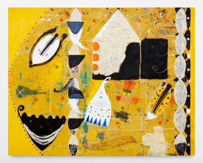 View of an abstract painting with a yellow background and various shapes floating about.