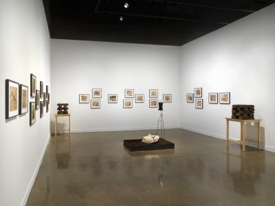 View of a museum exhibition showing several brown works on paper (framed) hung on three walls, with four sculptures in the gallery as well. Two are installed close to the wall, while the other two are at the center.