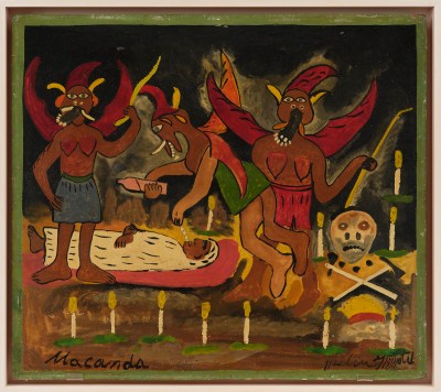 A painting of winged creatures holding a bottle to a supine woman in a dark, candlelit setting.