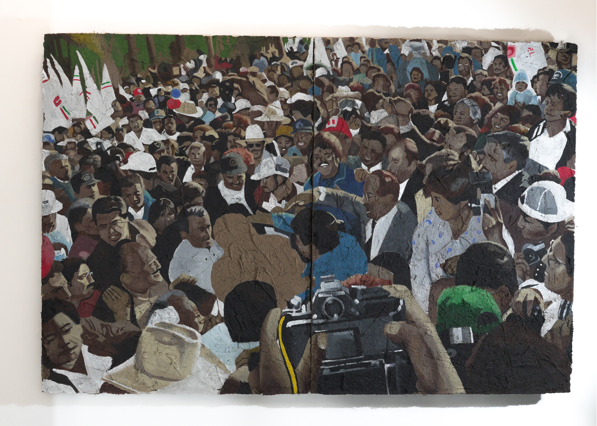 A two-panel painting on adobe, showing a crowd of people gathered around an empty brown silhouette.
