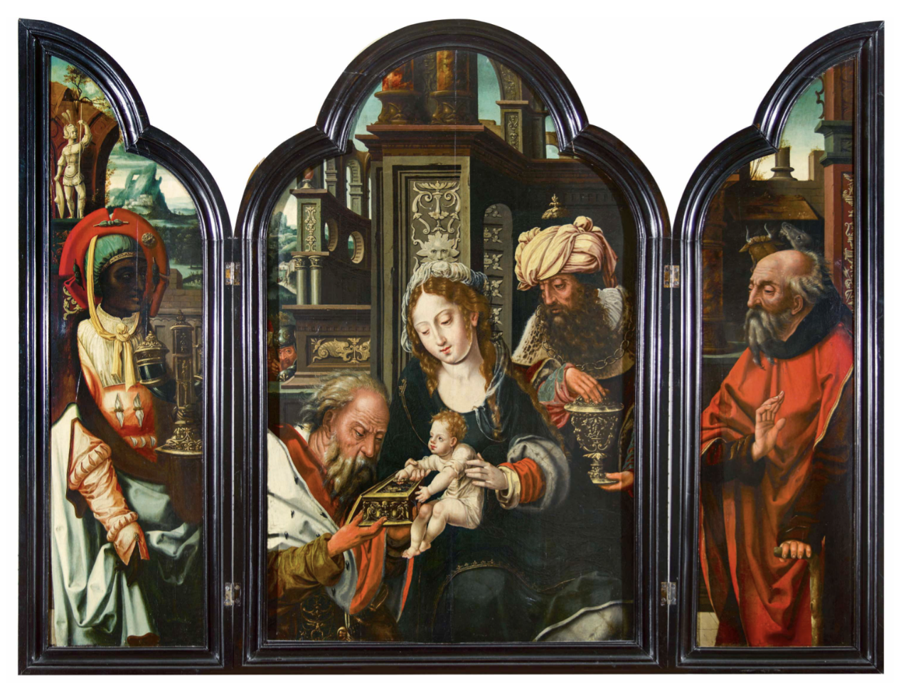 Circle or workshop of Pieter Coecke van Aelst the Elder: The Adoration of the Magi, oil on three oak panels, 38 1/5 by 51 1/5 inches.