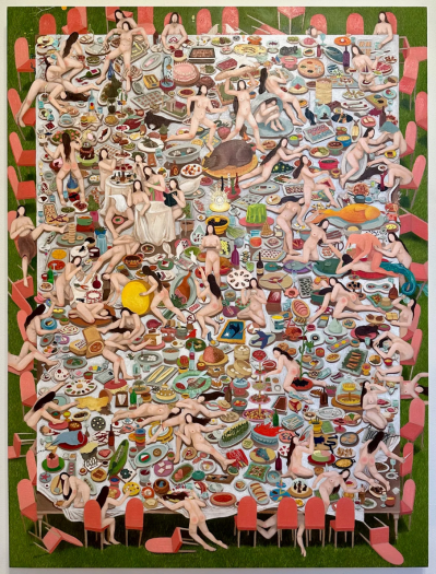 Kay Seohyung Lee: Brunch, 2024, oil on birch panel, 30 by 40 inches.